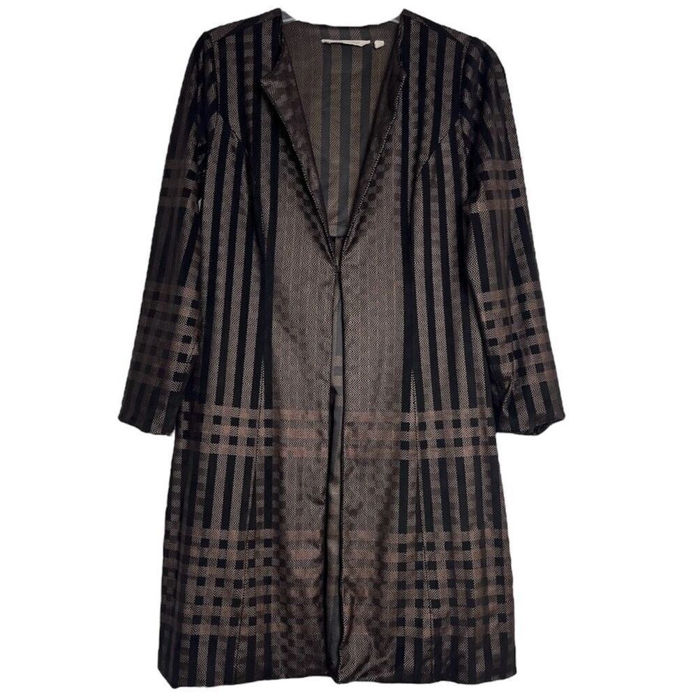 Soft Surroundings Collarless Long Coat Petite Small Plaid Brown Shirred Back PS